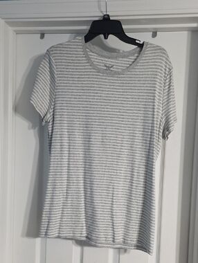 Faded Glory Gray & White Striped Tee with Logo Print